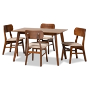 Baxton Studio Euclid Mid-Century Modern Sand Fabric Upholstered and Walnut Brown Finished Wood 5-Piece Dining Set